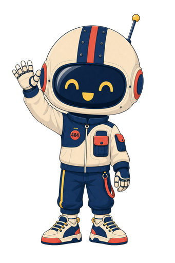 Frankie404, the Robot Friends mascot, waving hello